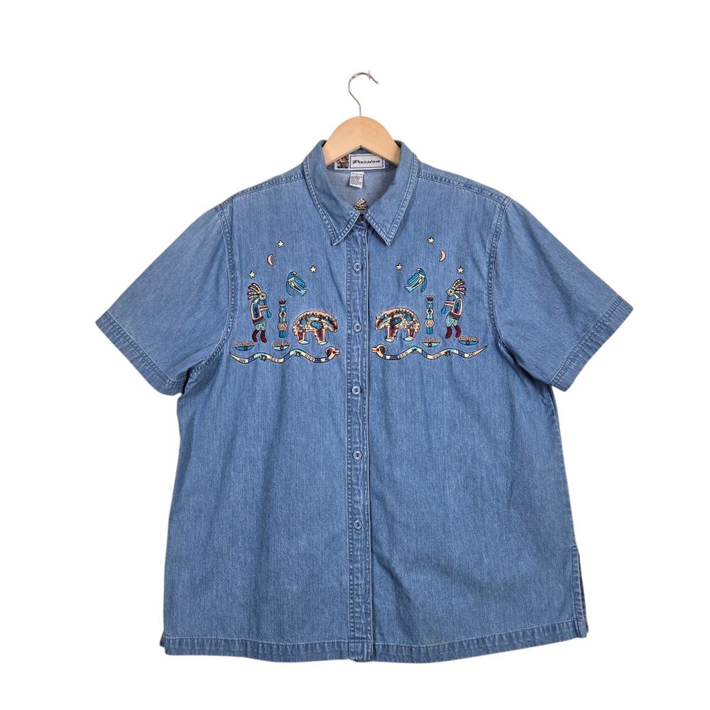 Vintage 90s Denim Shirt L Blue Southwestern Kokopelli Tribal Embroidered